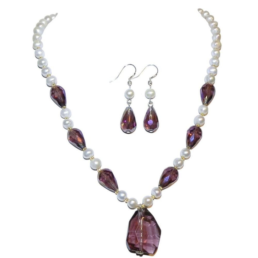 New Handmade Purple Crystal White Pearl Silver 19" Bead Necklace & Earring GN268